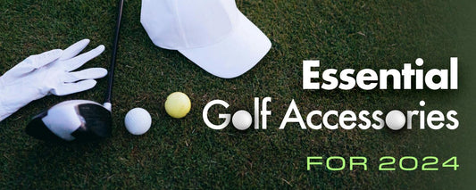 Must-have Golf accessories for every golfer - like golf balls, golf club and and white golf gloves on green grass.